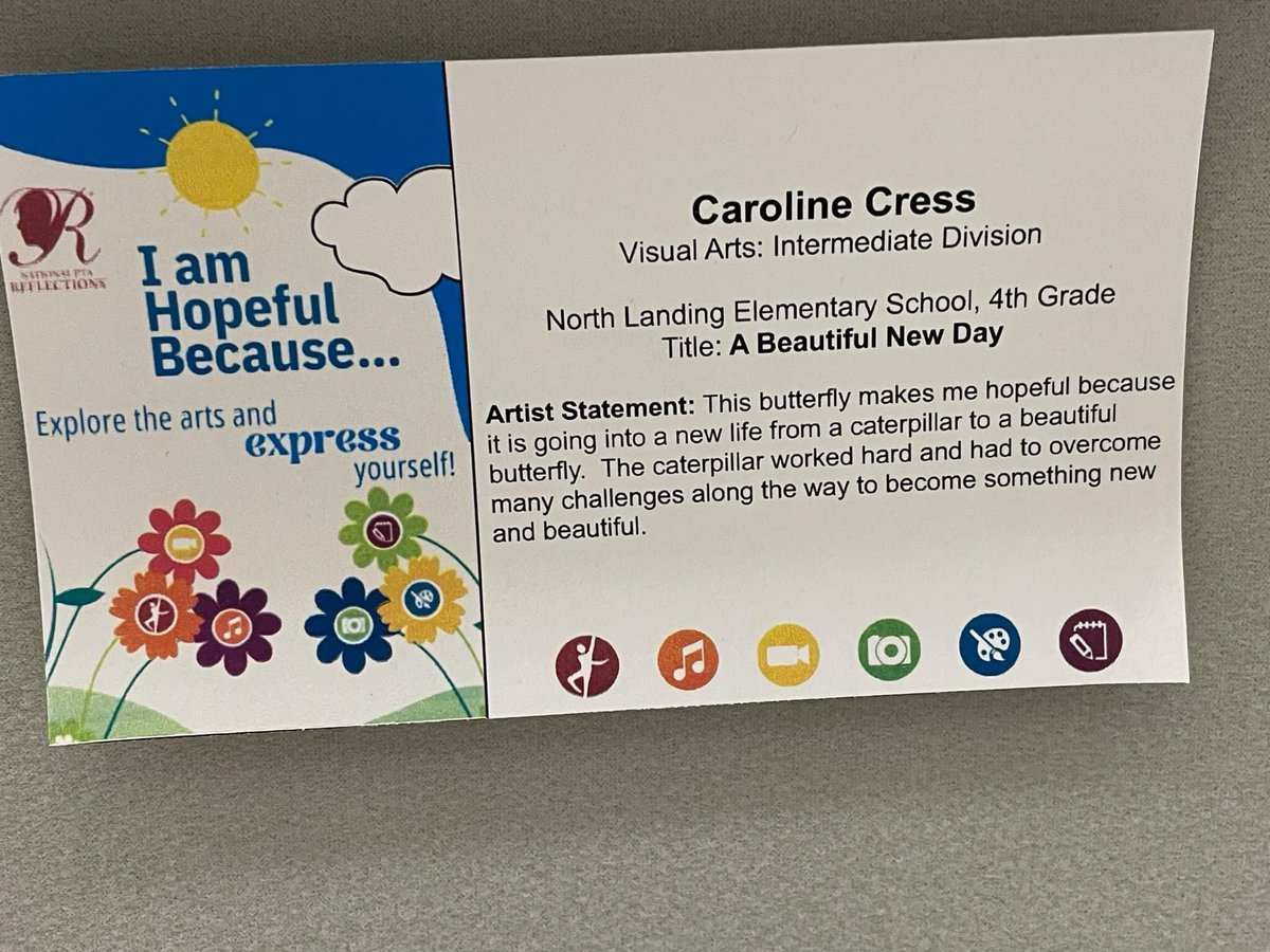 Congratulations! NLES 4th grade student, Caroline Cress won 1st place at her school level PTA Reflections contest and honorable mention at VB City Level. @north_landing @JohnChowns @smitherette @vbschools