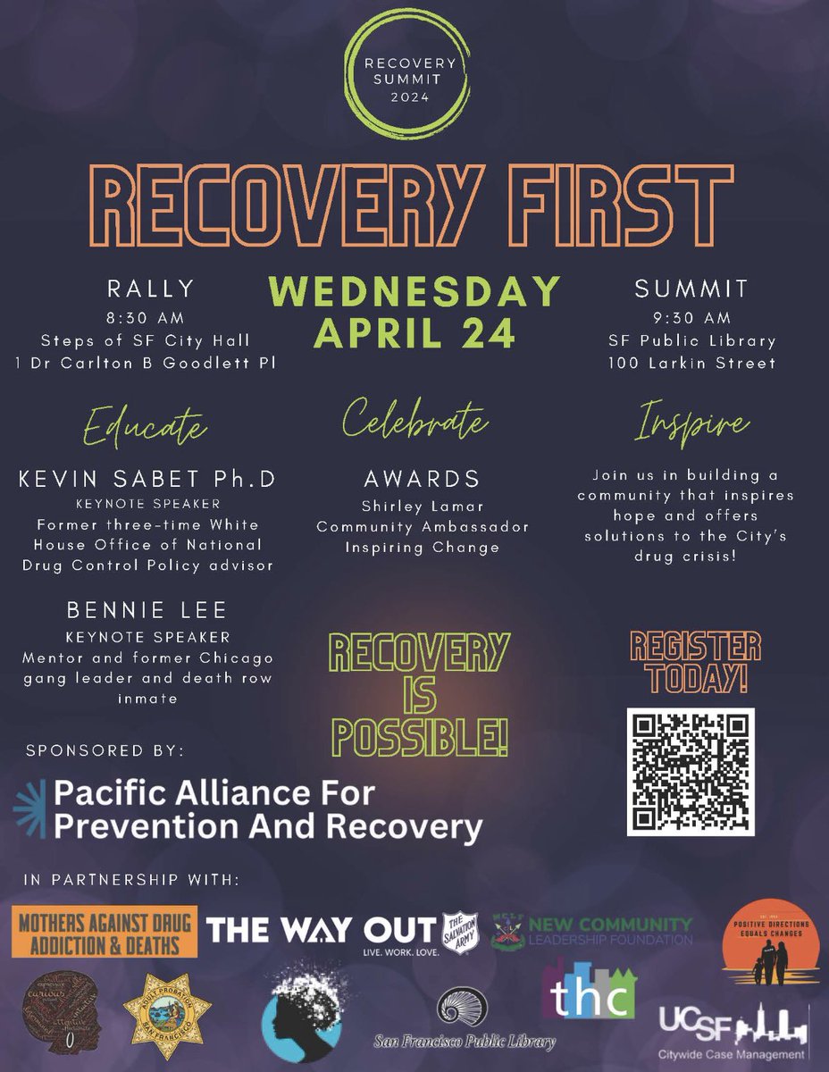 Recovery Summit 2024.  As SF's drug &amp; homeless crisis, &amp; OD epidemic worsens, the recovery community is sounding the alarm.  With over 3k lives lost to OD, it's time to get back to basics, promote recovery, &amp; inspire change.  Register &amp; Agenda - link below
eventbrite.com/e/2024-recover…