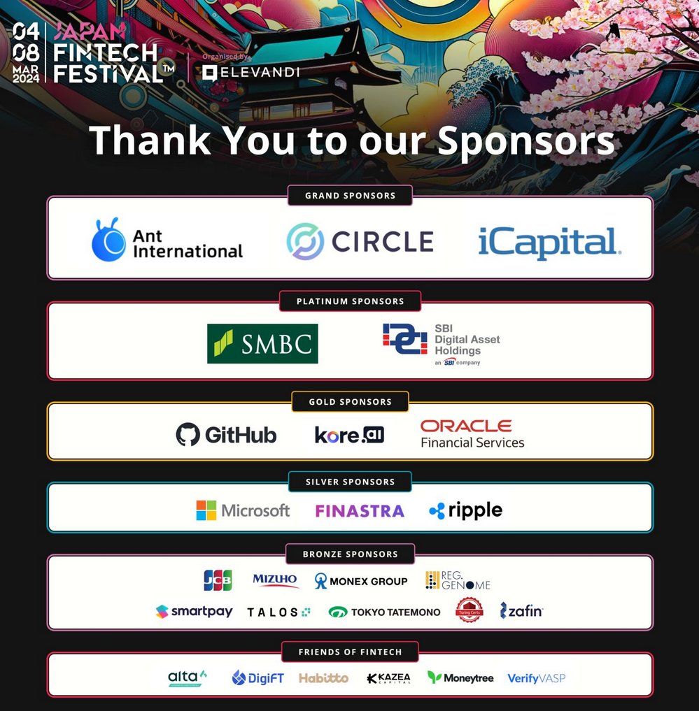 RIPPLE JOINS #MICROSOFT AND #FINASTRA AS A 'SILVER SPONSOR' OF THE 'JAPAN FINTECH FESTIVAL 2024', WHICH STARTED YESTERDAY (03/05-08) #JFF2024 

➡️ @Ripple`S RAHUL ADVANI IS ALSO A SPEAKER (SEE POST BELOW) 

SOURCE: linkedin.com/company/japan-…