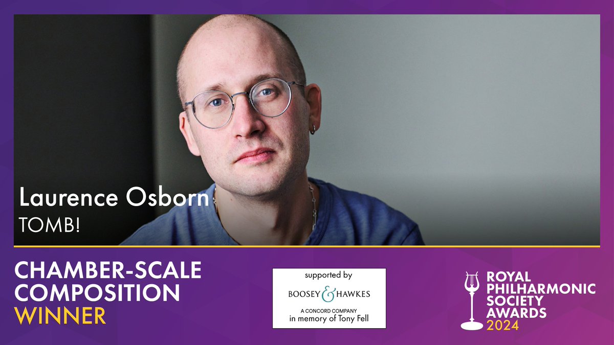 The RPS Chamber-Scale Composition Award goes to @LaurenceOsborn. TOMB! - written for @12ensemble and @GBSRduo - 'immerses the listener in a sound-world that defies expectation and shows a composer reaching new heights.' #RPSAwards