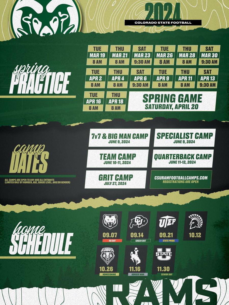 Recruits‼️Start planning your Spring, Summer, and Fall! Check out a Spring Practice/Spring Game! Compete and showcase your skills at a camp! Attend a game to get a feel for the gameday experience here at Colorado State!#GoRams