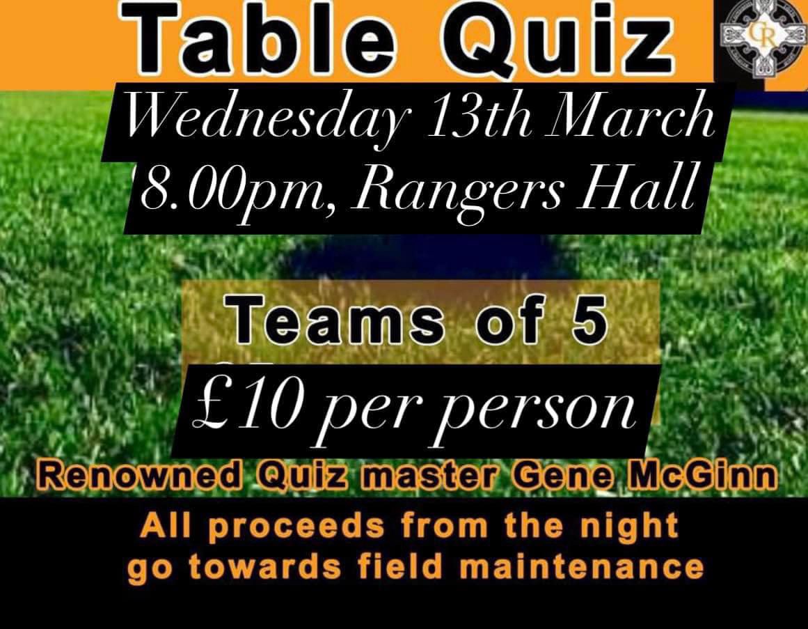 ⚫️🟠Rangers Table Quiz 
📆Wednesday 13th March 
⭐️Thanks to quizmaster, Gene for his ongoing support.💪
All monies raised from the night go towards field maintenance. 
@StjoesPE_Sport @ArmaghLGFA @Armagh_GAA