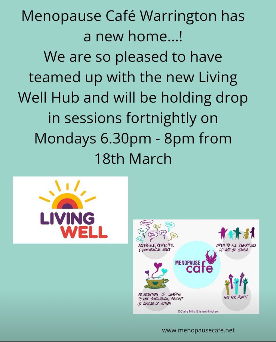 A fantastic new offer for the women of Warrington (and their partners).

Menopause cafe held fortnightly in our new Living Well Hub from the 18th March.

Please share with anyone who might be interested in coming along!

#LivingWell
#WomensHealth

<a href="/HWWarrington/">Healthwatch Warrington</a>
<a href="/cath_mcclenn/">Cath</a>