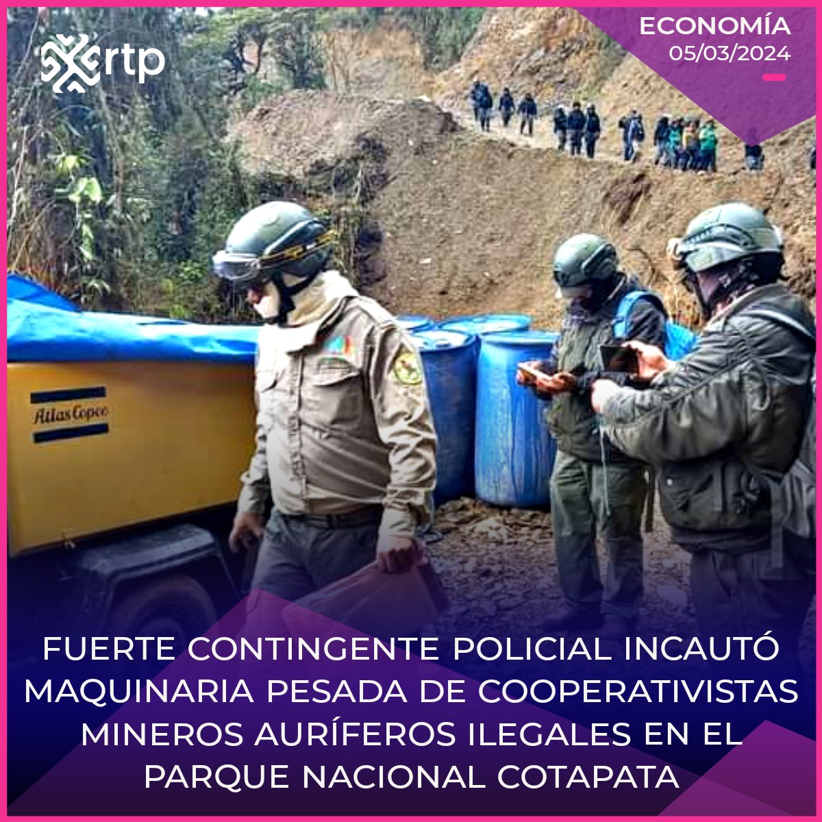 rtp_bolivia's tweet photo. #Importante 
⚠️ La mañana de este martes, un fuerte contingente policial, conformado por 70 efectivos, incautó maquinaria pesada de cooperativistas mineros auríferos ilegales y se aprehendió a siete personas. 

El operativo se realizó a raíz de denuncias del cuerpo de protección del Parque Nacional y Área Natural de Manejo Integrado #Cotapata, quienes fueron amedrentados y golpeados el pasado 05 de enero en el sector denominado #Chuspipata, ubicado al interior del parque.