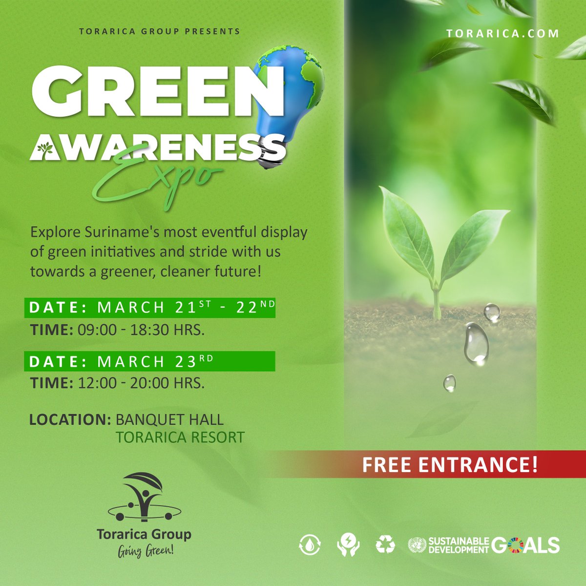 Explore sustainability at its finest! Join us at the Green Awareness Expo 2024 from March 21st to the 23rd. Visit us at Torarica Resort from 09:00 to 18:30 on the first two days and from 12:00 to 20:00 on the third day. Discover and pave the way for a greener future! 💚♻️🌍