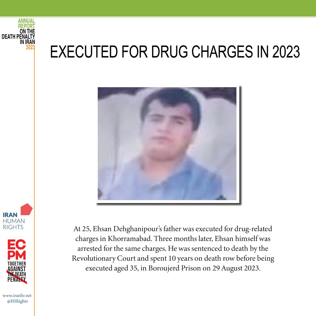 The execution of family members have been documented in drug-related cases more than any other charges in recent years. Ehsan Dehghanipour's father was executed a decade before his own execution in August 2023. #StopExecutionsInIran #NoDeathPenalty