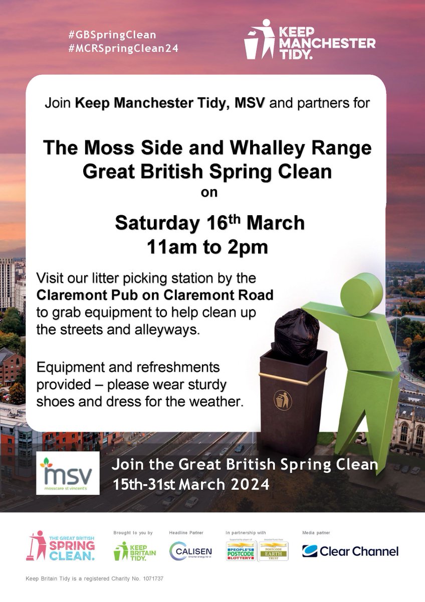 Save the date - Saturday 16th March! Take part in the Great British Spring Clean with Keep Manchester Tidy and MSV on Saturday, March 16th in Whalley Range and Moss Side. Everyone's welcome. Head over to Claremont Road from 11am to 2pm.