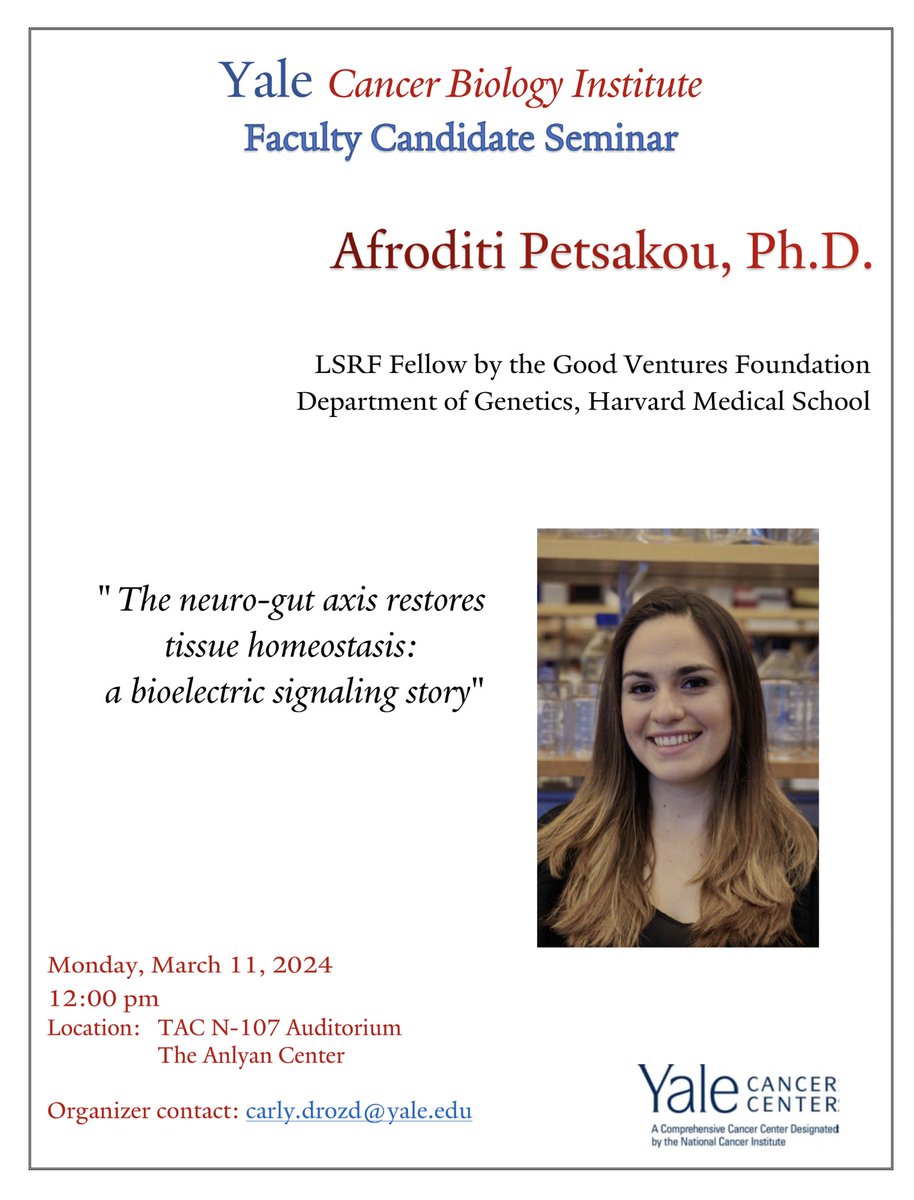 Join us noon Monday, Mar 11 in the TAC Auditorium to hear exciting work entitled 'The neuro-gut axis restores tissue homeostasis: a bioelectric signaling story' by YCBI Faculty Candidate Dr. Afroditi Petsakou from Harvard Medical School. #YCBI @YaleWestCampus @YaleMed @YalePharm