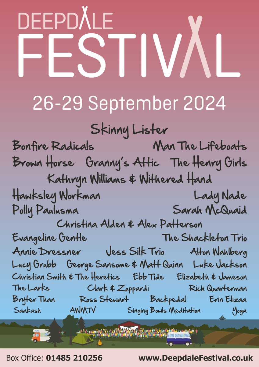 Deepdale Festival 2024 is shaping up to be another triumph with the amazing line-up already announced.  Chris has excelled himself once again and we are so happy to be welcoming these incredible artists to Deepdale for Thursday 26th to Sunday 29th September ...

<a href="/SkinnyLister/">Skinny Lister</a>
