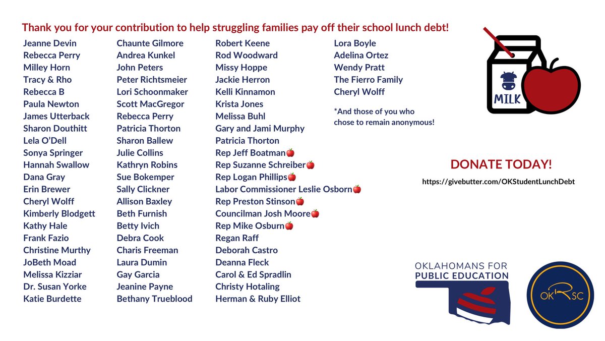 Huge thanks to all of you who have donated so far! Donate today and get your name added to this list! #oklaed givebutter.com/OKStudentLunch…