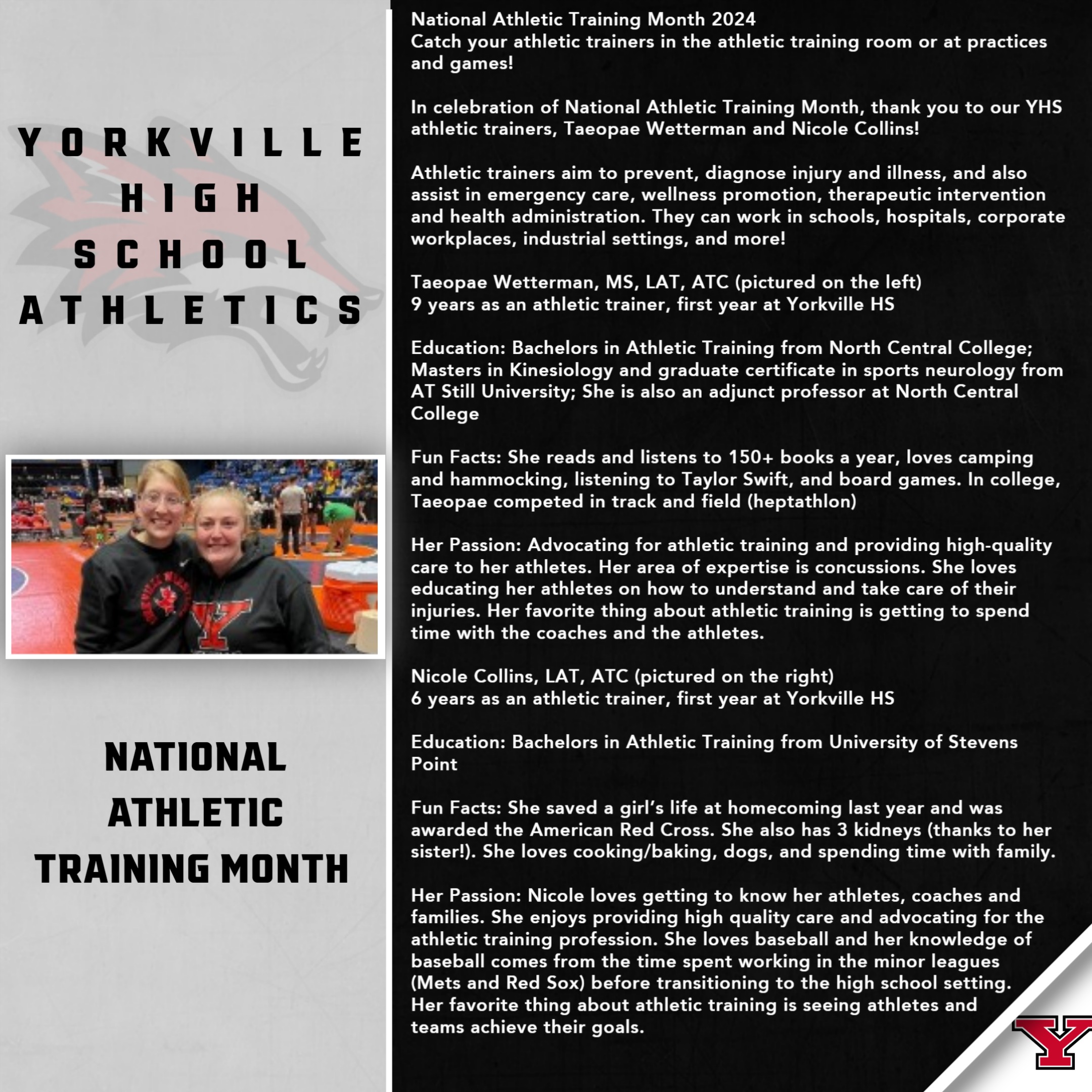 Yorkville Foxes on X: In celebration of National Athletic Training Month, we  would like to thank our YHS Athletic Trainers, Taeopae Wetterman and Nicole  Collins! Thank you providing great care to our