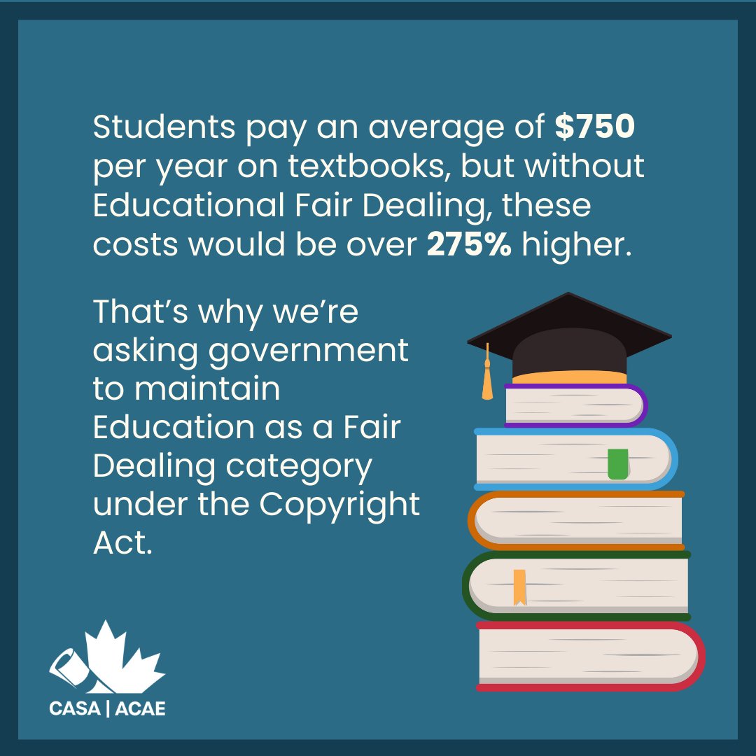 Students across Canada are face to face with the cost of living crisis every day. Protecting educational fair dealing means at least their learning materials can be affordable. Hit the link to learn more about educational fair dealing! fair-dealing.ca #FairDealingWorks