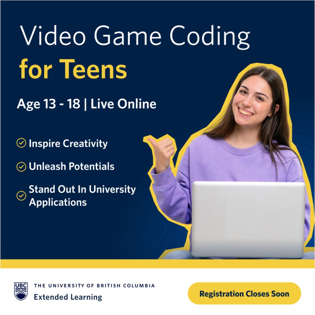 UBCExtended's tweet image. Help your child stand out in #UniversityApplications with our #VideoGameCoding course!
Earn a micro-credential from Circuit Stream & UBC Extended Learning to showcase their accomplishment.
Registration ends on March 14. Register now: bit.ly/48igKbY
#CodingForKids