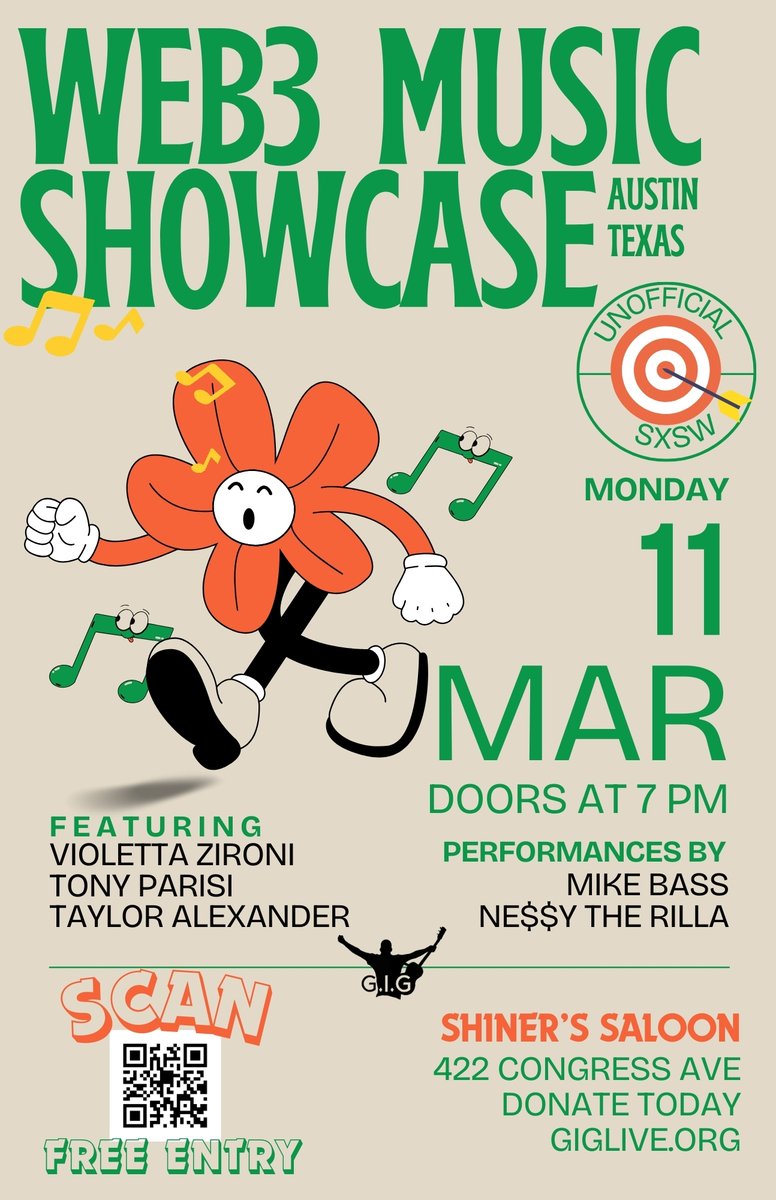 🎼Day 9 of posting a different flyer for @giglivemusic’s Web3 Music showcase every day until the event! 3/11/24 - ATX | doors @ 7pm Shiners Saloon | 422 Congress Ave Performances by: @ZironiVioletta @NessyTheRilla @mikebassmusic @auradeluxe & more! Visit…