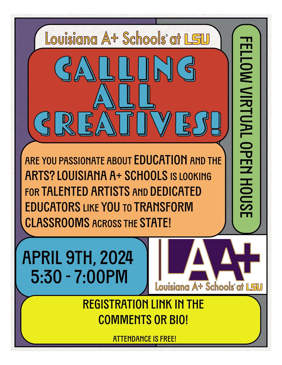 APlusLaLSU's tweet photo. We’re looking for educators and artists to join our Louisiana A+ Schools network! Join us for our Virtual Open House session to find out more about our organization! 

Link to register: https://t.co/HejGtA4fih https://t.co/WDvTNAUWpI