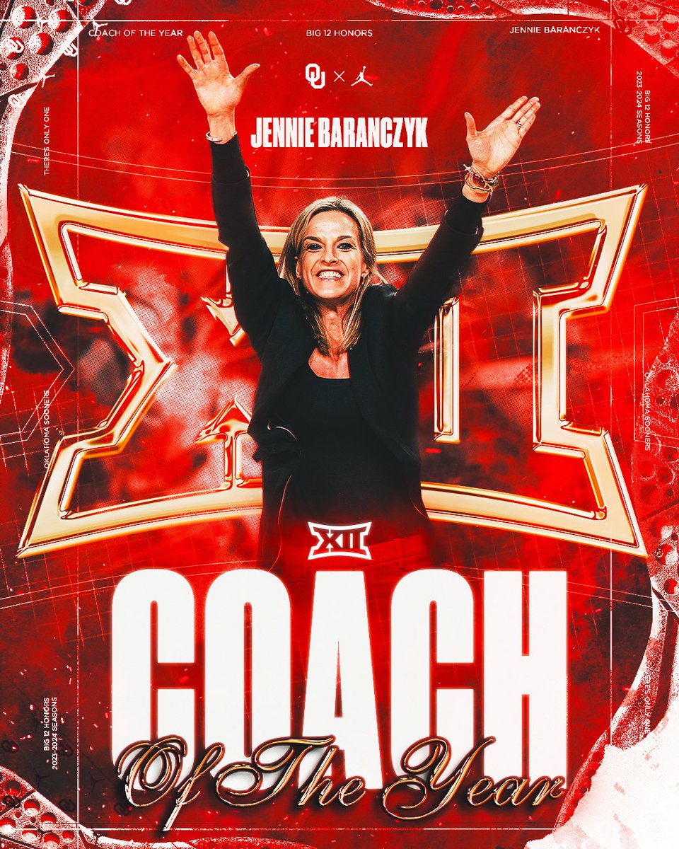 𝗨𝗻𝗱𝗶𝘀𝗽𝘂𝘁𝗲𝗱. Jennie Baranczyk is the Big 12 Coach of the Year! #BoomerSooner ☝️