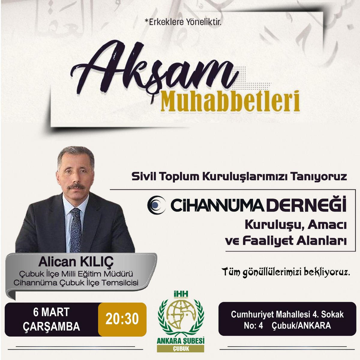 6 Mart Çarşamba akşamı İHH Çubuk İlçe Temsilciliğindeyiz...

Cihannüma Derneğini konuşacağız.

@Cihannumader 
@ihhcubuk 
@ihhinsaniyardim 
@ihhgenc