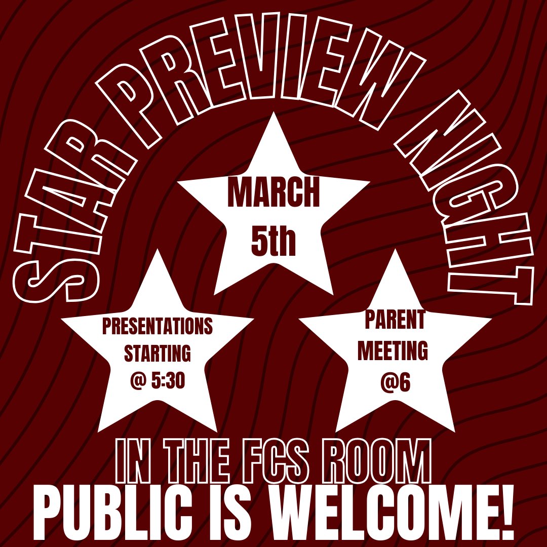 HNSfccla's tweet photo. Join us tonight in the FCS room for STAR Preview Night! Presentations will begin at 5:30, and there will be a parent meeting at 6. We hope to see you there! https://t.co/CjHRMxvZis