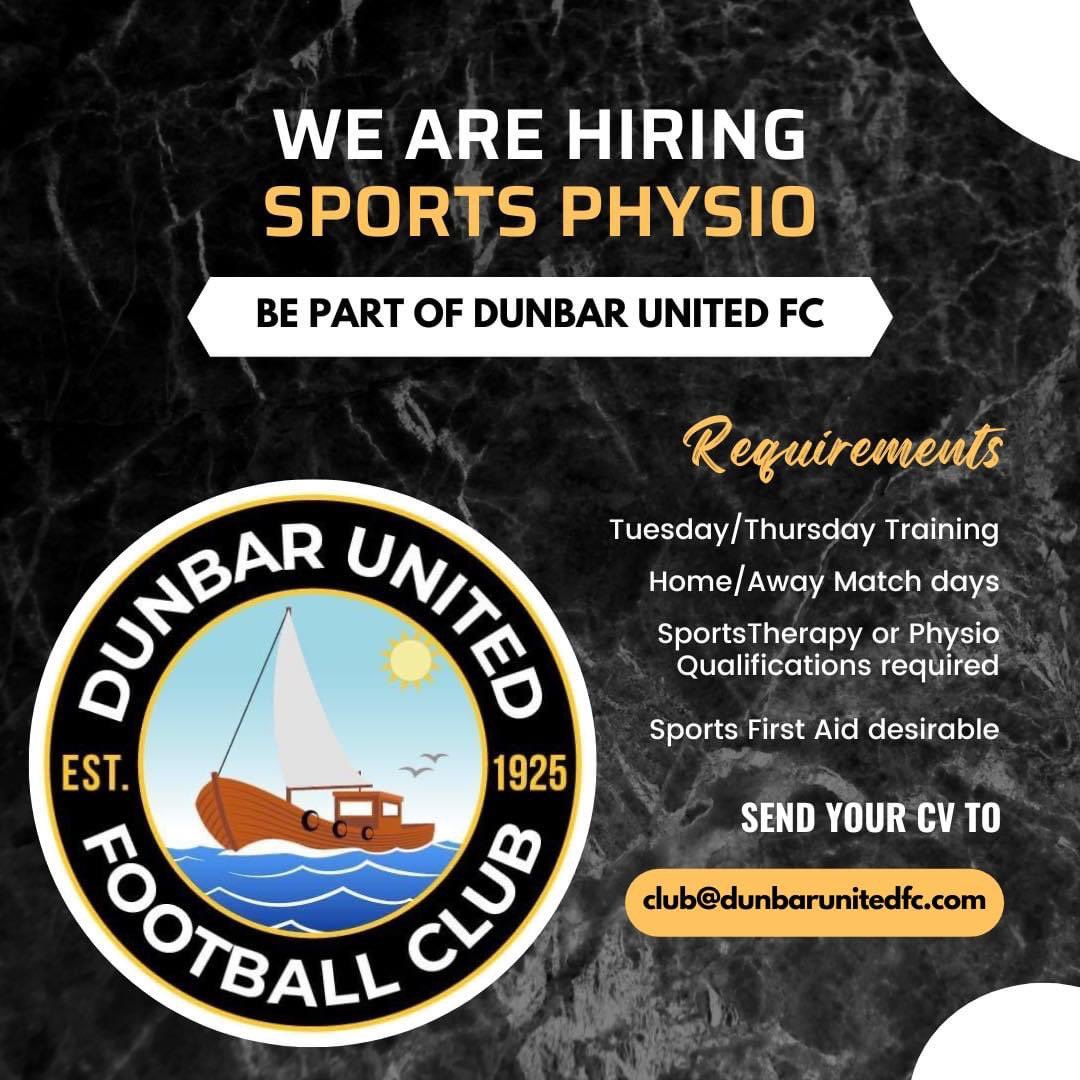 ⛑️ | VACANCY: SPORTS THERAPIST/PHYSIO

Due to a recent change in circumstances for our very own Sports Therapist, Susan, we are now looking for a Sports Therapist/Physio to work with our Team for two evenings per week and match days. This is a paid role. ⬇️