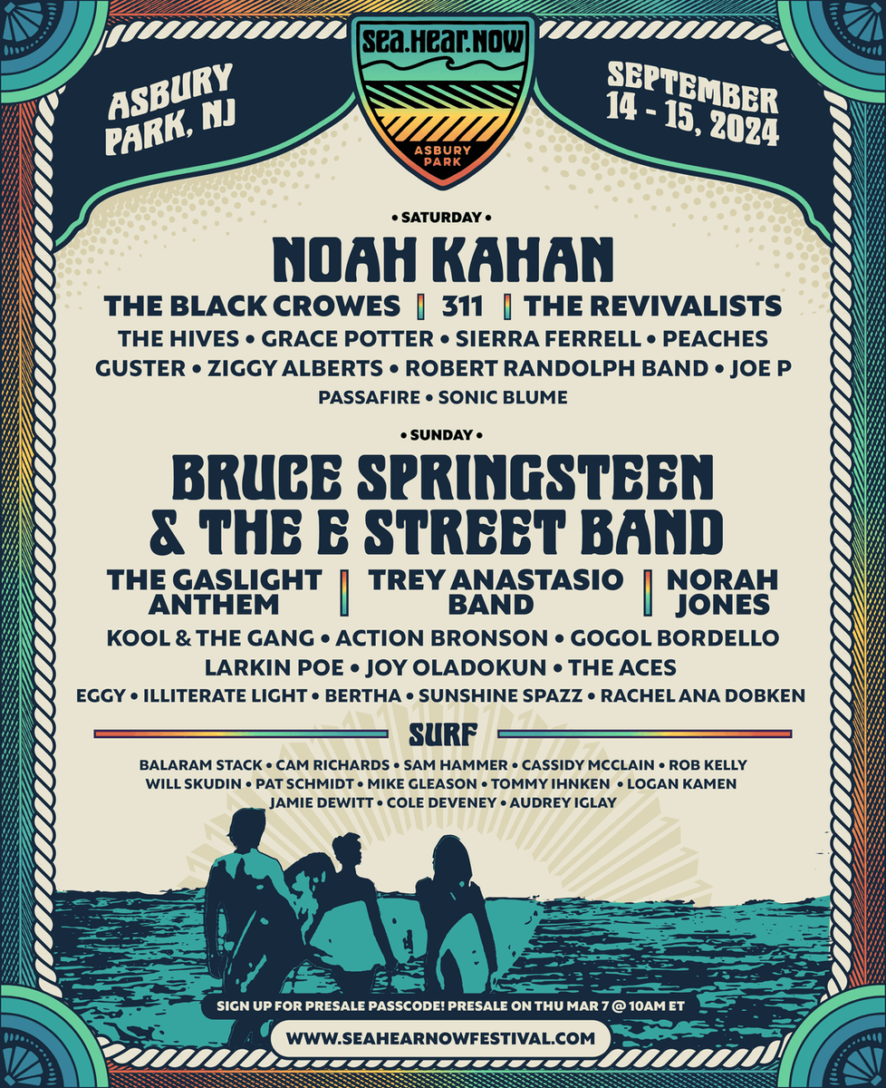 This is pretty amazing! Bruce #Springsteen and The E Street Band are headlining Sea Hear Now in Asbury Park on Sept. 15. Presale begins March 7 @ 10a.m. ET. Signup at seahearnowfestival.com #BruceSpringsteen