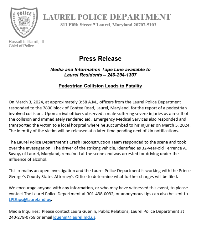 Pedestrian Collision Leads to Fatality For the full press release: facebook.com/LaurelPolice/p…