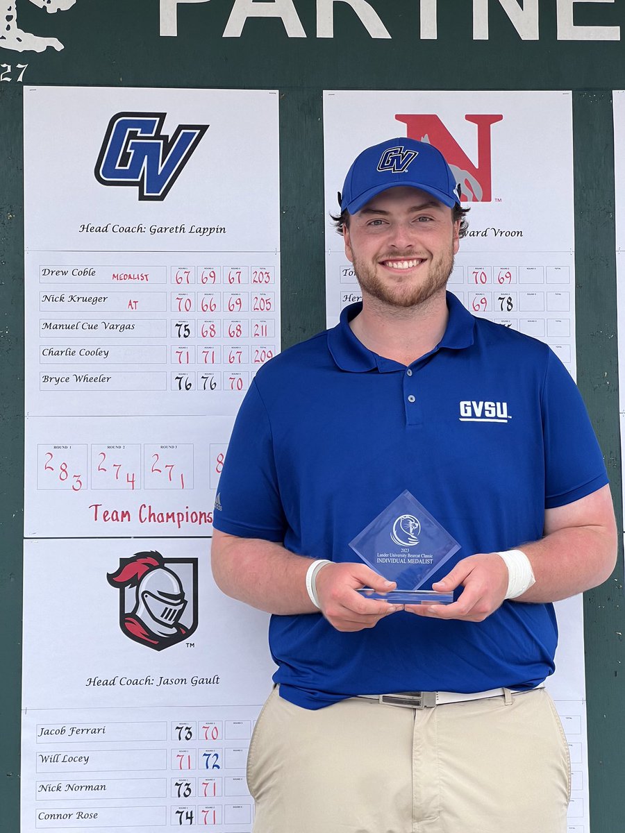 gvsugolf's tweet photo. Starting the spring with a bang! 🥇

Drew Coble birdies the final hole of the day to break a tie and claim the individual win, finishing at -13! 

#AnchorUp https://t.co/FXxJIPyJFw