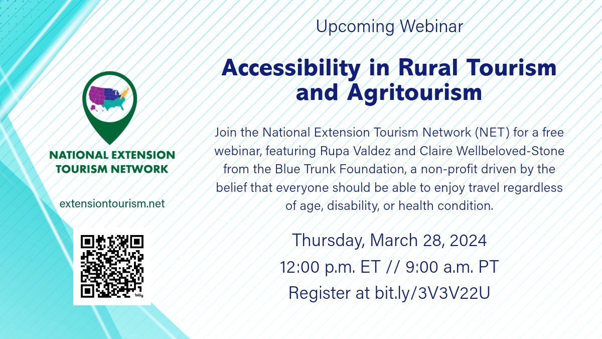 The National Extension Tourism network is kicking off its 2024 webinar series on 3/28 at 12pm ET. Speakers from @bluetrunktravel will discuss accessibility in rural tourism and agritourism. bit.ly/3V3V22U #accessibility #tourism #agritourism