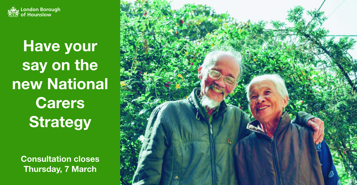 Carers in Hounslow can still take part in consultation about a new national Carers Strategy. Submit your views by Thursday, 7 March. Complete the survey here: surveymonkey.com/r/5SX9K7K?utm_…