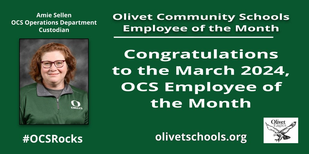 OlivetSchools's tweet image. Congratulations to Amie Sellen, the @OlivetSchools Employee of the Month for March. Amie is a custodian in the OCS Operations Department. Thank you Amie for all that you do for our students, staff, and community!
#OCSRocks