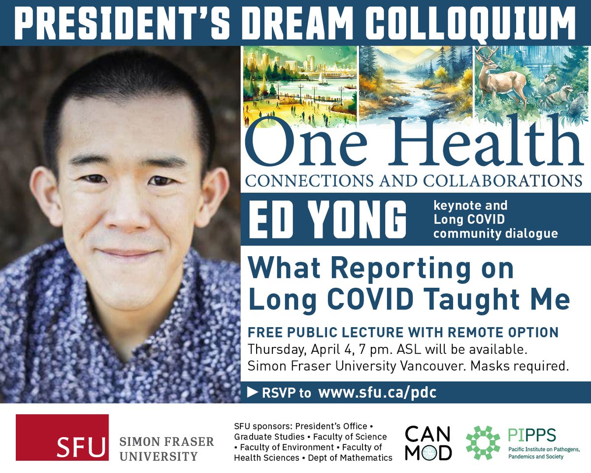 Reservations (in-person or online) now open for Ed Yong's talk on Thursday, April 4: What Reporting on Long COVID Taught Me. sfu.ca/gradstudies/li… @SFU_GradStudies @SFU_Science @SFU_FHS @SFUENV @SFUMath
