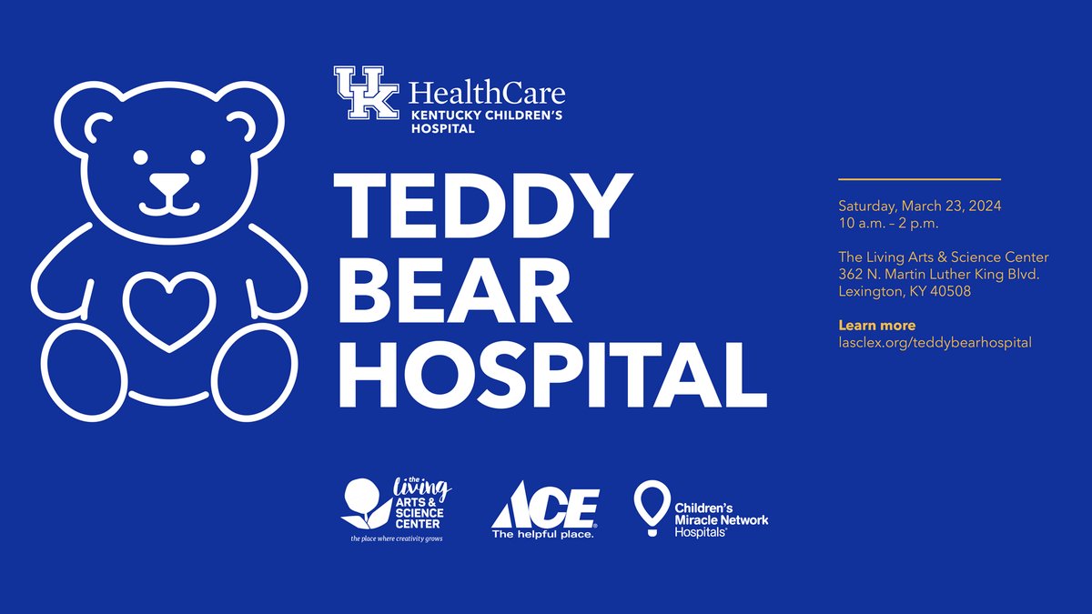 Join us for @KCHKids FREE Teddy Bear Hospital presented by @AceHardware! Kids can bring their stuffed friends to discover health care in a fun, friendly atmosphere. Visit the Lexington Living Arts & Science Center on March 23rd!lasclex.org/teddybearhospi…