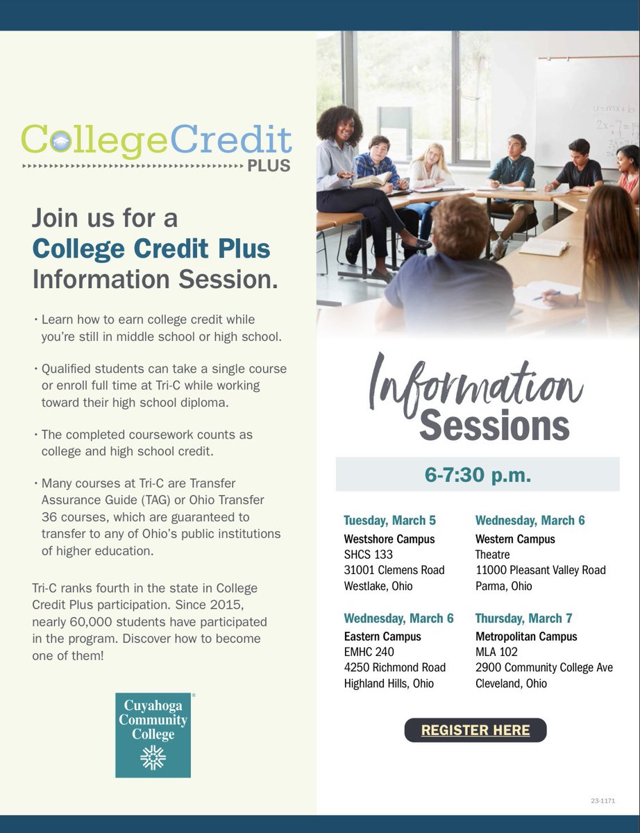 Tri-C CCP Info Night tonight if you have not yet attended a session. Register at forms.tri-c.edu/Player/CCPFami…