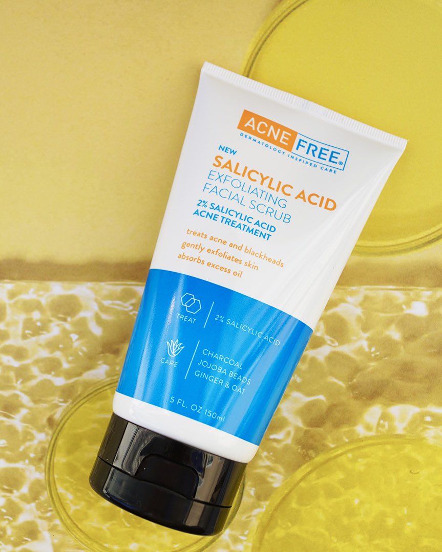 AcneFree's tweet image. It's back but BETTER! 

Meet our Salicylic Acid Exfoliating Facial Scrub. 

Previously known as the Blackhead Removing Charcoal Scrub, this facial scrub helps minimize breakouts, deep clean your pores, and brighten your complexion. 

Shop now at AcneFree.com.