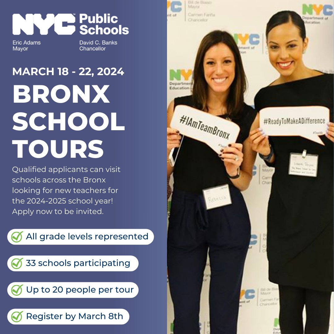 iteachnyc's tweet image. 👀 Considering teaching in the Bronx this fall? Join our Bronx School Tours the week of 3/18 - 22:
✅ 33 schools 
✅ All grade levels 
✅ Register by March 8th
✅ Up to 20 people per tour - first come, first served

➡️ Apply now to be invited: bit.ly/teachnycapp-x