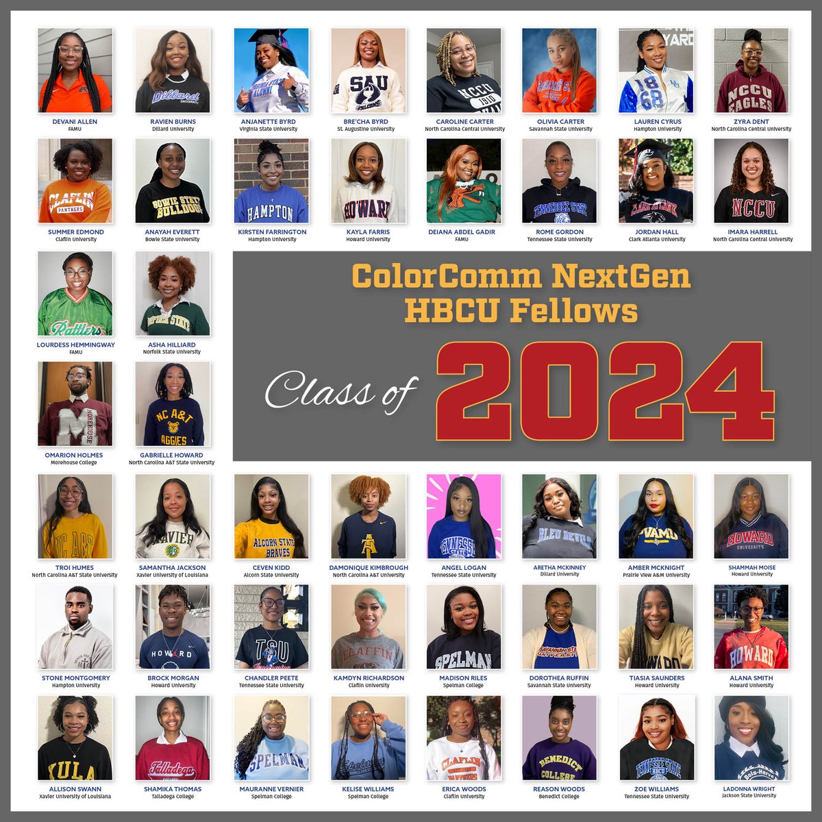 Congratulations to the ColorComm NextGen HBCU Fellows Class of 2024! We applaud you and your efforts to lead and make impact in the Communications & Media industries 👏🏾 #TheFutureIsHBCU