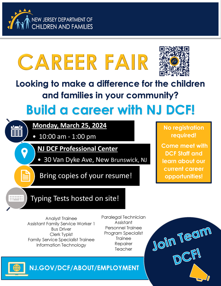 Join #TeamDCF and build your career!

🔔ATTENTION: We're hosting a career fair for a range of employment opportunities that make a difference for New Jersey’s families and communities.

📝NO REGISTRATION REQUIRED. Meet and talk to DCF staff in person to learn social work careers