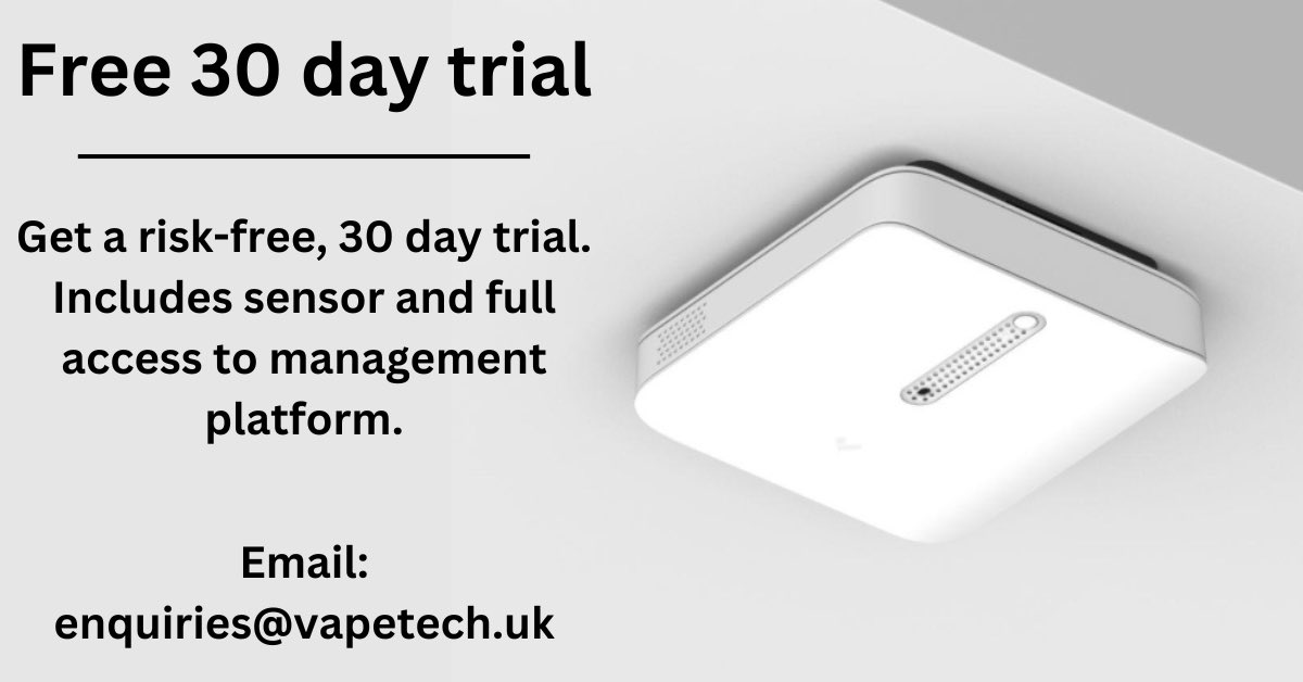 Ukvapetech's tweet image. 🚭 Try our free 30-day vape detection trial! Safeguard your spaces and promote healthier habits with our cutting-edge technology. Sign up now and experience the difference. #VapeDetection #HealthySpaces #FreeTrial