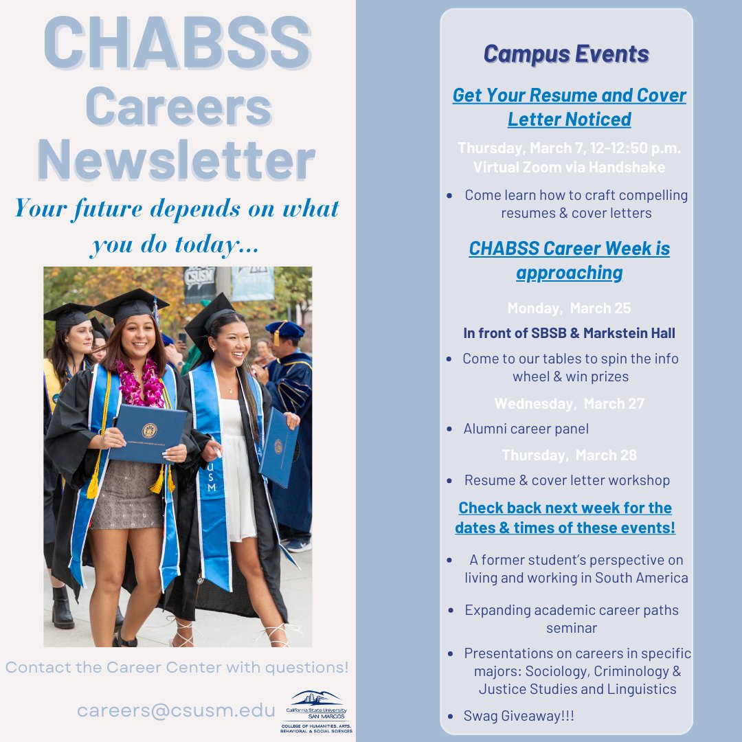 csusm_chabss's tweet image. We're back with our weekly newsletter! Next week's newsletter will include a specific list of events for Career Week!
