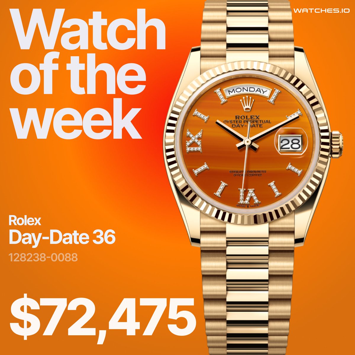 #WatchOfTheWeek: The Rolex Oyster Perpetual Day-Date 36 in 18 kt yellow gold features a striking carnelian dial, set with 56 diamonds across its hour markers and Roman numerals VI and IX. This unique dial, showcasing an artful cameo of patterns, is the centerpiece of Rolex’s