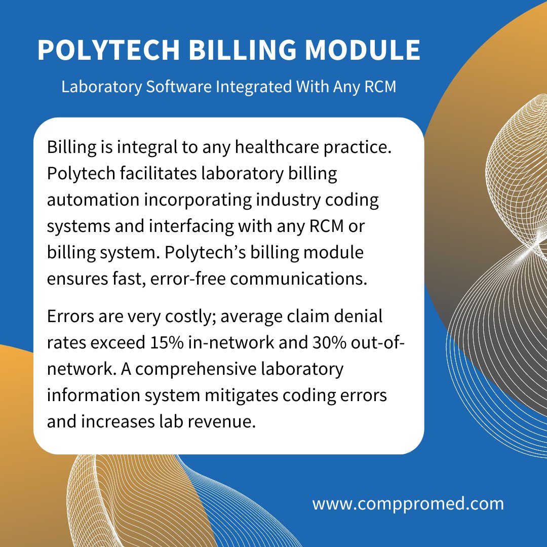 CompProMed's tweet image. Polytech & Lab Billing
mailchi.mp/comppromed/lab…
#clinicallabdirector #labdirector #labmanager #laboratoryinformationsystem #pgx #labinformatics #LIMS #CAP #CLIA #cytology #toxicology #pathology #pharmacogenic #RCM #EHR #Interoperability