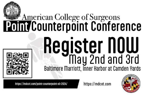 Back by popular demand, the American College of Surgeons Point/Counterpoint Conference XLI, May 2-3, 2024, in Baltimore, MD. To register, or for more information, go to mdcot.com/point-counterp…. #PCPACS2024