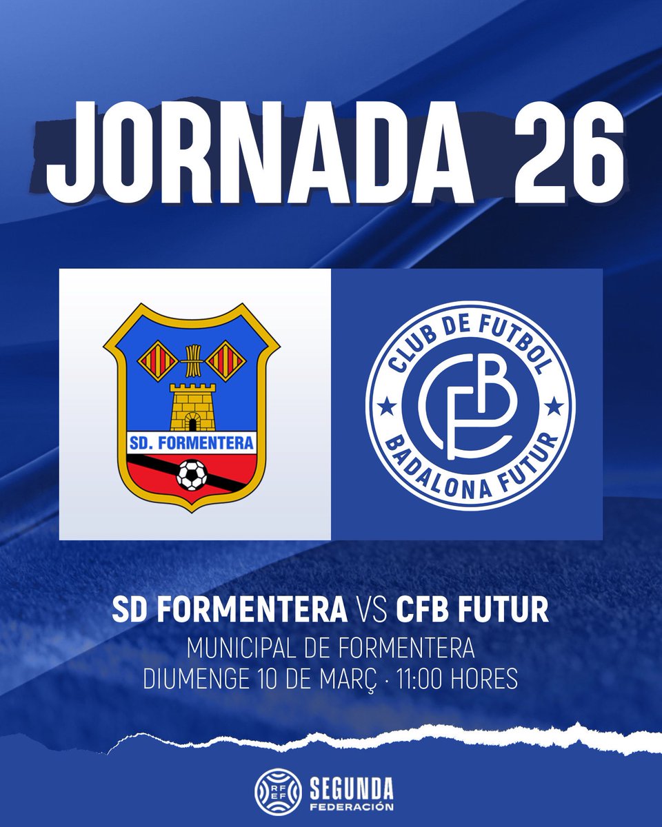 Queden nou finals, anem a per la primera! 💪 🆚 @sdformentera 🗓️ 10/3 ⌚️ 11h. 🏟️ Municipal de Formentera 📲 #FormenteraCFBFUTUR #CFBFUTUR #2RFEF3