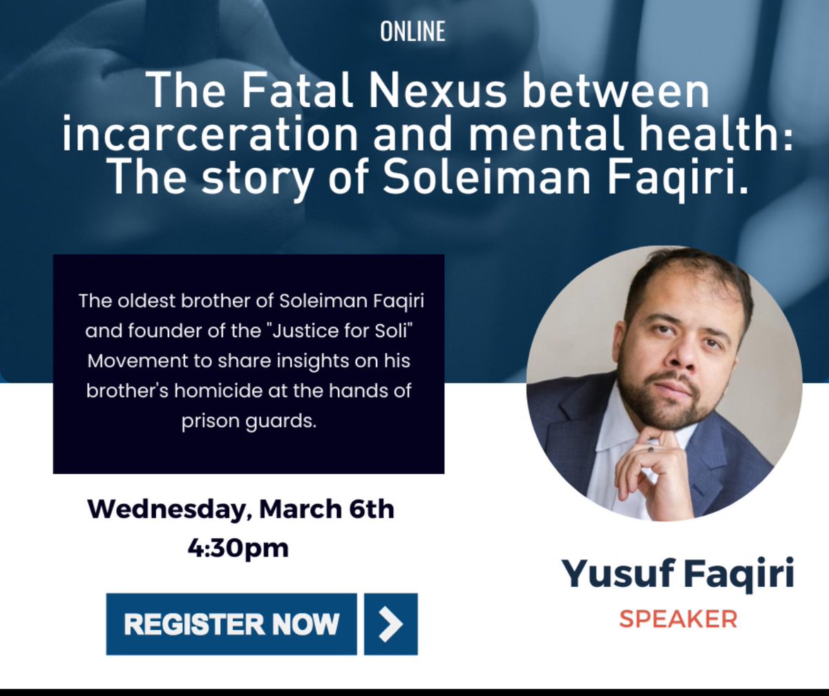 “The Fatal Nexus between incarceration and mental health: The story of Soleiman Faqiri.” Join us tomorrow March 6 at 4:30 pm Register Now: uwindsor.ca1.qualtrics.com/jfe/form/SV_73…