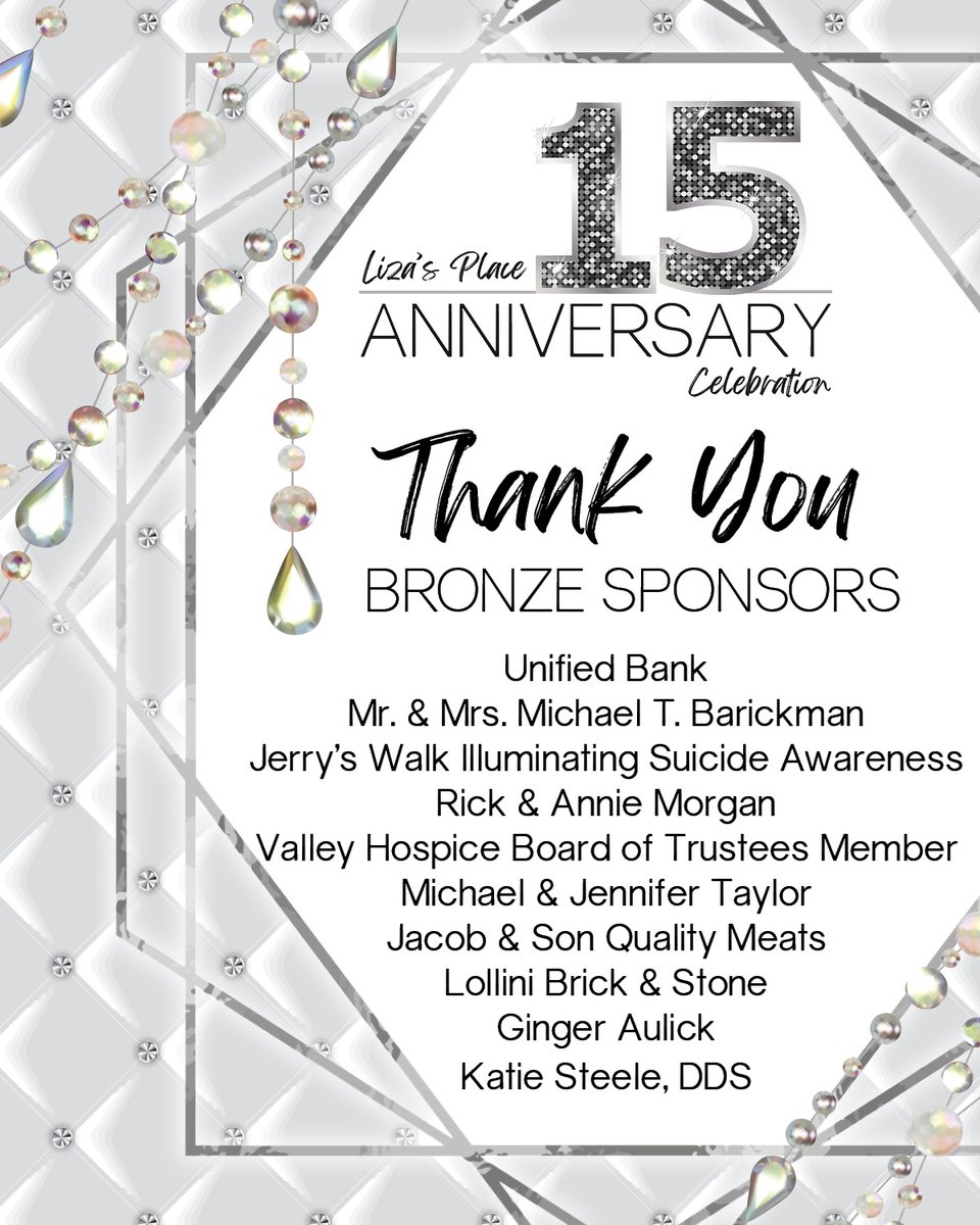 Thank you to the Bronze Sponsors for our upcoming Liza's Place 15th Anniversary Celebration!