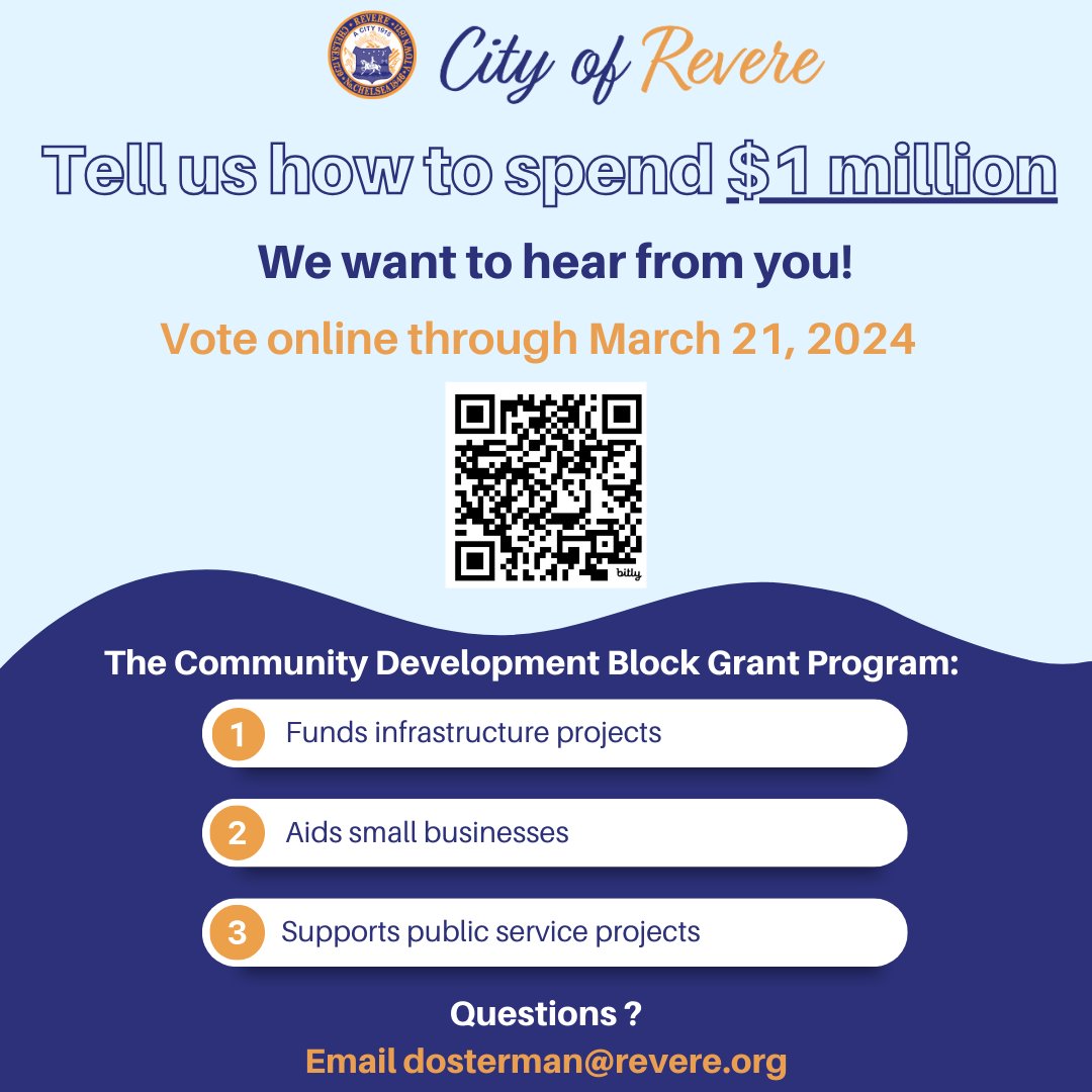 Have your say on how the City of Revere should spend 1 million dollars. Visit: Revere.CitizenLab.Co
¿Como debería la ciudad de Revere invertir un millón de dólares? Vote aquí: Revere.CitizenLab.Co