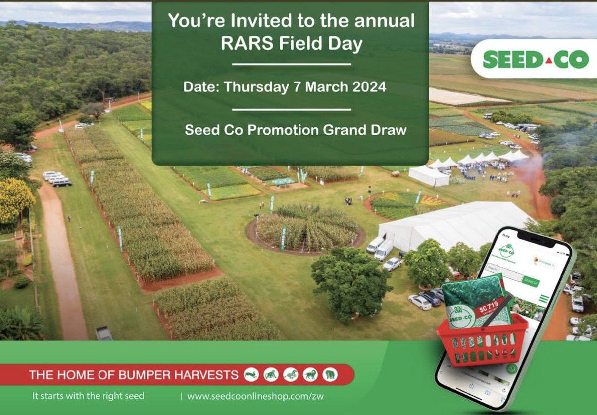 -7March 2024 Rattray Arnold Research Station Shamva INVITATION TO ANNUAL RASS FIELD DAY- SEEDCO ZIMBABWE -Farming is done by subsistence and commercial farmers. Farming is the mainstay of rural, peri urban ,and some urban economies. Optimistic farmers are not risk averse. They