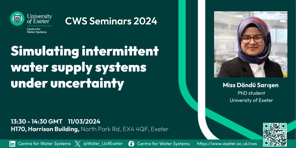 [CWS Seminars 2024] Next Monday, @DonduSarisen will share her #PhD work on Simulating #intermittent #watersupplysystems under #uncertainty at our #CWSseminars Join us in person at @EngExeter @UniofExeter 👉eventbrite.com/e/856526302227 Or, join us online 👉eventbrite.com/e/856538418467