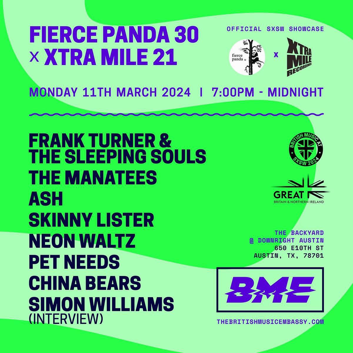 🇺🇸Next week we’ll be @sxsw taking over the @britishmusicbiz stages with some of our bands @ashofficial @neonwaltz @chinabearsband @Themanateesband + Simon Panda will be interviewed about 30 years of Fierce Panda +we’ve teamed up w/ @Xtra_Mile who are bring more bands to the party