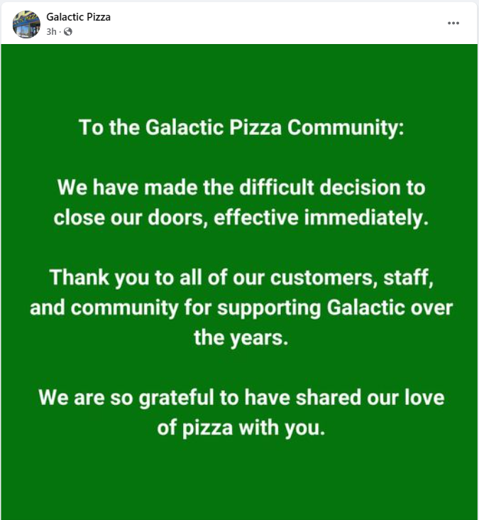 Another one bites the dust in Minneapolis.
#UptownMpls #LynLake area Galactic Pizza has abruptly closed up shop.