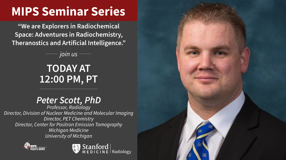 Join us for today's MIPS Seminar! tinyurl.com/Scott040424 @Scott_LabUM Peter Scott will discuss, 'We are Explorers in Radiochemical Space: Adventures in Radiochemistry, Theranostics and Artificial Intelligence.' #MIPSEvents